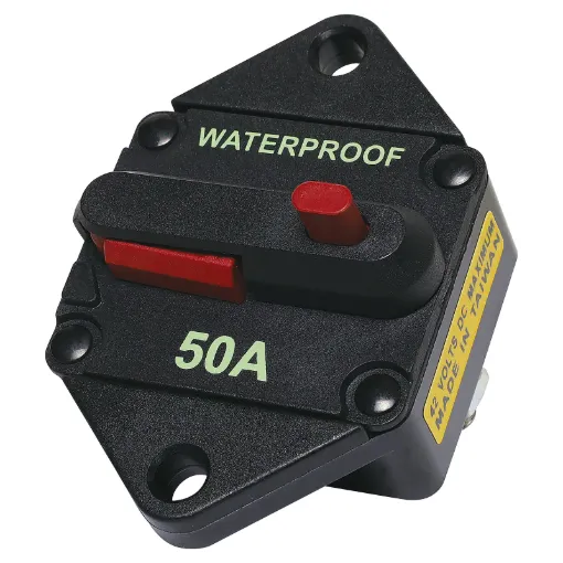 High current weatherproof circuit breakers with manual reset switch. M6 terminal bolts.