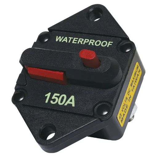 High current weatherproof circuit breakers with manual reset switch. M6 terminal bolts.