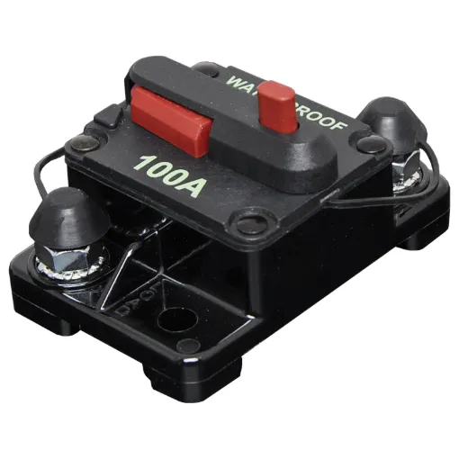 High current weatherproof circuit breakers with manual reset switch. M6 terminal bolts.