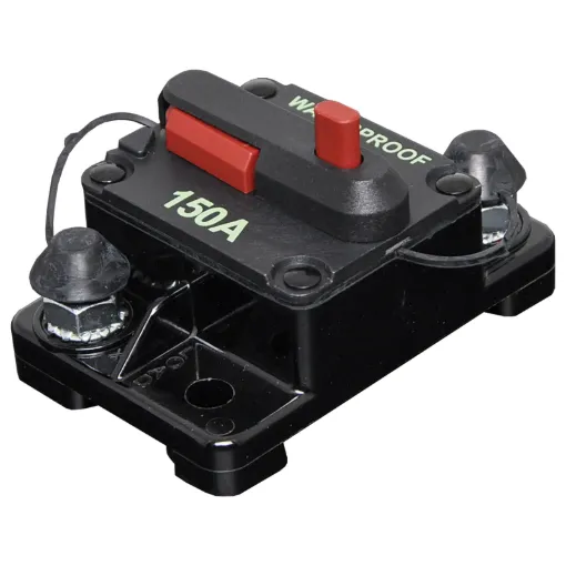 High current weatherproof circuit breakers with manual reset switch. M6 terminal bolts.