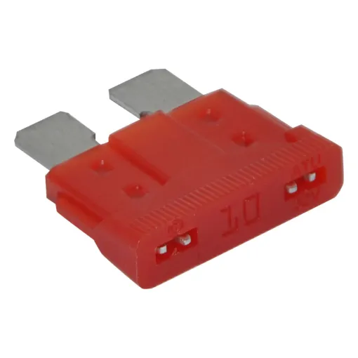 Red 10A standard automotive blade fuse with 32V rating.  Suits most automotive blade fuse holders. 18.7 x 19.1mm overall in size. 5mm blades.