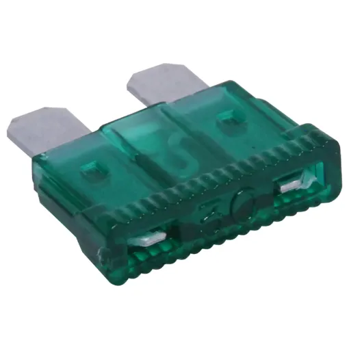Green 30A standard automotive blade fuse with 32V rating.  Suits most automotive blade fuse holders. 18.7 x 19.1mm overall in size. 5mm blades.