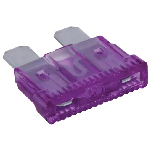 Purple 35A standard automotive blade fuse with 32V rating.  Suits most automotive blade fuse holders. 18.7 x 19.1mm overall in size. 5mm blades.