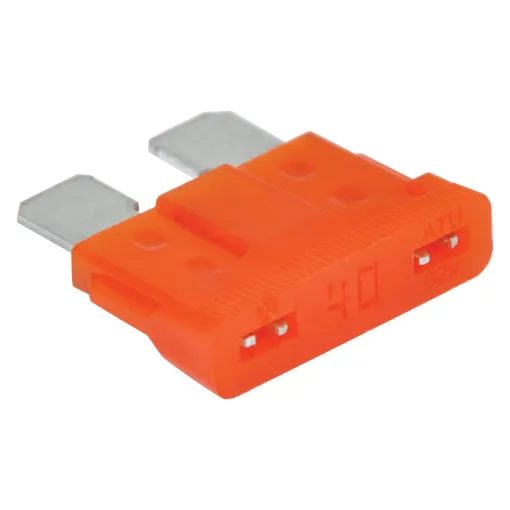 Orange 40A standard automotive blade fuse with 32V rating.  Suits most automotive blade fuse holders. 18.7 x 19.1mm overall in size. 5mm blades.