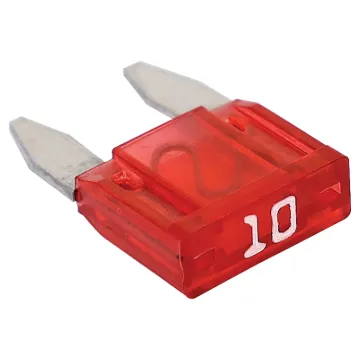 Red. 10A.
Mini blade fuses as used in many modern automobiles.
Available in ratings from 3A to 30A.