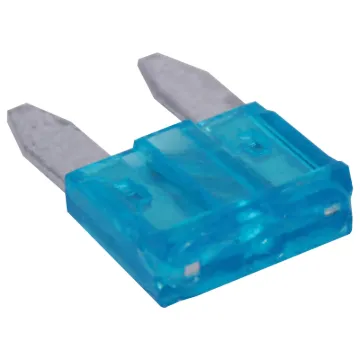 Blue. 15A.
Mini blade fuses as used in many modern automobiles.
Available in ratings from 3A to 30A.