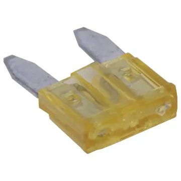 Yellow. 20A.
Mini blade fuses as used in many modern automobiles.
Available in ratings from 3A to 30A.