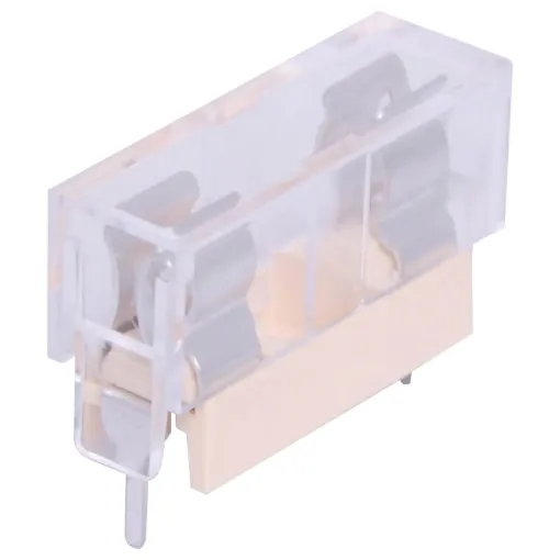 PCB mount with protective cover. 6.3 amps at 250V AC. 1.2mm  PC pins at 23mm between centres