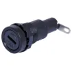 Panel mount.  Cap is unscrewed by screwdriver. 10A @ 250V AC. UL/CSA Approved.

Insulation resistance: 100M Ohm @ 500V DC
Contact resistance: 5m Ohm @ 1A DC
Dialectric strength: 1500V min (for 60 seconds)
Material: UL94V0 thermoplastic.