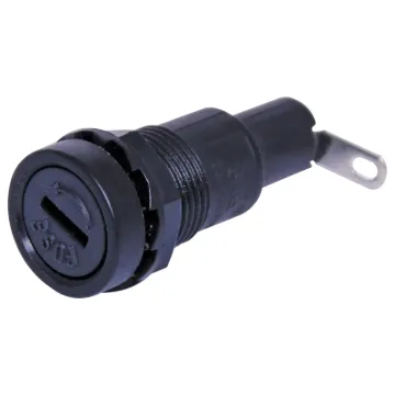 Panel mount.  Cap is unscrewed by screwdriver. 10A @ 250V AC. UL/CSA Approved.

Insulation resistance: 100M Ohm @ 500V DC
Contact resistance: 5m Ohm @ 1A DC
Dialectric strength: 1500V min (for 60 seconds)
Material: UL94V0 thermoplastic.