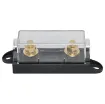 This high current fuse block uses MEGA type fuses. Suits M8 ring terminals. 250A max. Gold plated connections. Size: 129Wx44Hx37Wmm.
Fuse not included.