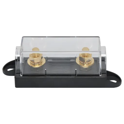 This high current fuse block uses MEGA type fuses. Suits M8 ring terminals. 250A max. Gold plated connections. Size: 129Wx44Hx37Wmm.
Fuse not included.