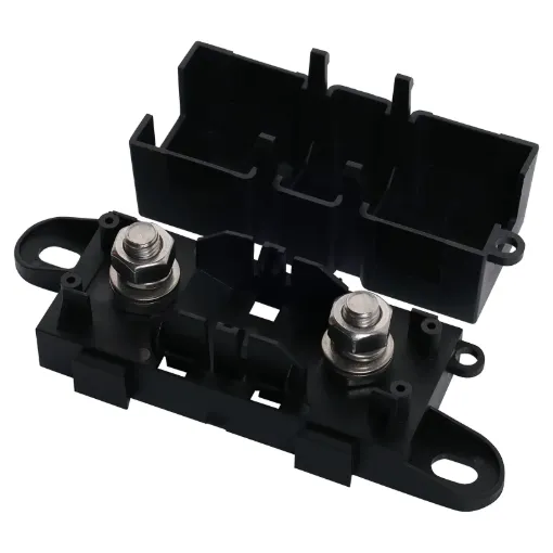 This high current fuse block uses MEGA type fuses. 
Suits M8 ring terminals. 
300A max. 
Nickel plated connections. 
Size: 130L x 44H x 36W mm.