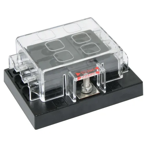 This high current fuse block uses standard automotive type blade fuses. It features a single screw terminal 150A input and 6 x spade terminal 25A outputs. 150A total (25A per fuse) Max.  Max Voltage 32VDC. Tin plated copper connections.  Size: 93Wx40Hx67mm