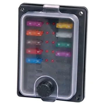 This panel mount automotive blade fuse block uses standard automotive type blade fuses (18.7 x 19.1mm in size with 5mm blades).  Fitted with weatherproof cover & LED indicator for each circuit.  Base is fitted with 6.4mm spade terminals & rubber gasket to prevent water ingress. Max 25A @ 32VDC per circuit.
