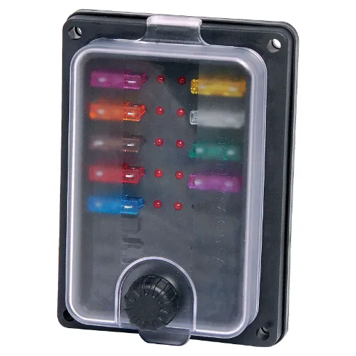 This panel mount automotive blade fuse block uses standard automotive type blade fuses (18.7 x 19.1mm in size with 5mm blades).  Fitted with weatherproof cover & LED indicator for each circuit.  Base is fitted with 6.4mm spade terminals & rubber gasket to prevent water ingress. Max 25A @ 32VDC per circuit.