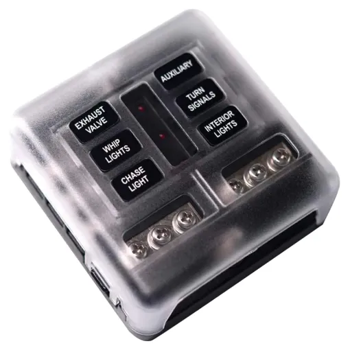 Uses standard automotive type blade fuses. Dedicated earth terminals for each circuit, plus 100A rated M8 negative & positive terminals. Size: 88W x 88D x 36Hmm