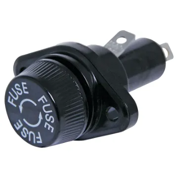 Panel mount. Mounting hole  22mm. Bolt hole centres 34 mm. Rated to 30 amps at 250V AC. Uses 10mm x 37mm 5AG fuses.UL Approved.