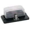 This panel / chassis mount fuse holder uses standard automotive blade fuses (18.7 x 19.1mm in size with 5mm blades). 150A screw terminal input and 6.3mm spade outputs (25A per circuit max). 32V DC max. Not suitable for use with S 5540 series resettable breakers. 

Size: 47W x 86L x 36Hmm