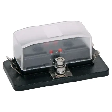 This panel / chassis mount fuse holder uses standard automotive blade fuses (18.7 x 19.1mm in size with 5mm blades). 150A screw terminal input and 6.3mm spade outputs (25A per circuit max). 32V DC max. Not suitable for use with S 5540 series resettable breakers. 

Size: 47W x 86L x 36Hmm