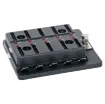 These holders use standard automotive blade fuses.
150A screw terminal input and 6.3mm spade outputs
(25A per circuit max). 32V DC max. Not suitable for
use with S 5540 series resettable breakers.
S 6032 size: 47W x 86L x 36Hmm
S 6034 size: 95W x 86L x 36Hmm.