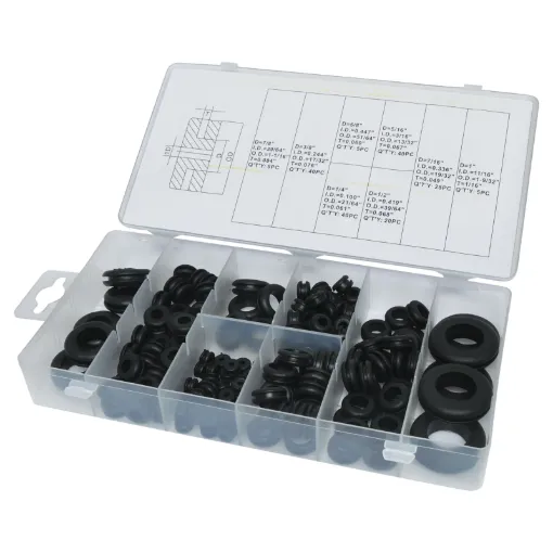 Contains 8 popular sizes of rubber grommets for protecting wiring, sealing out moisture and dust.