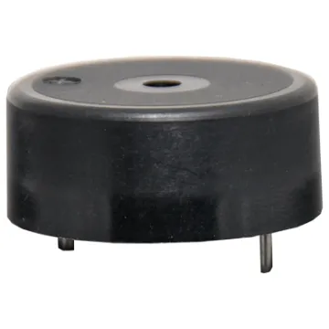 A PCB mount piezo buzzer with 85dB output at 30cm. 15mm pin spacing. 23mm housing diameter, 10mm high.