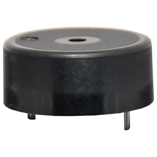 A PCB mount piezo buzzer with 85dB output at 30cm. 15mm pin spacing. 23mm housing diameter, 10mm high.