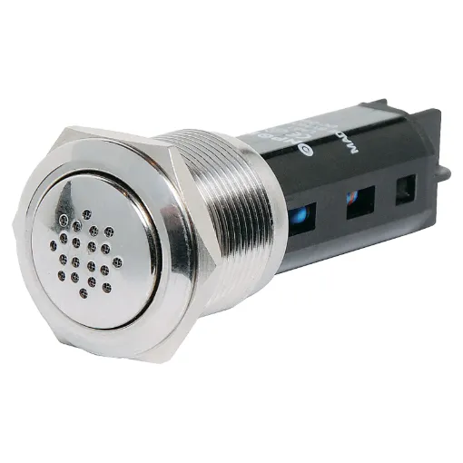 SPL output: 80dB @ 30cm
Voltage (DC): 12V
Operating temp.: -20 to 55&degC
Sealing: IP50
Connection: Screw terminals
Mounting hole: 19mm &Oslash
Panel thickness: 1-10mm