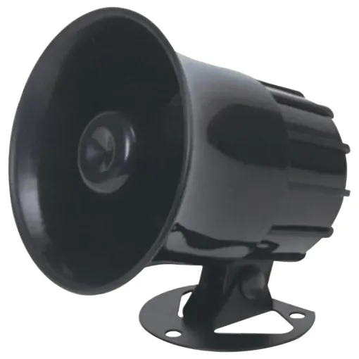 6-15V dc weatherproof horn single tone siren. Ideal for outdoor security installations. Includes easy to install mounting bracket and sturdy ABS horn.
