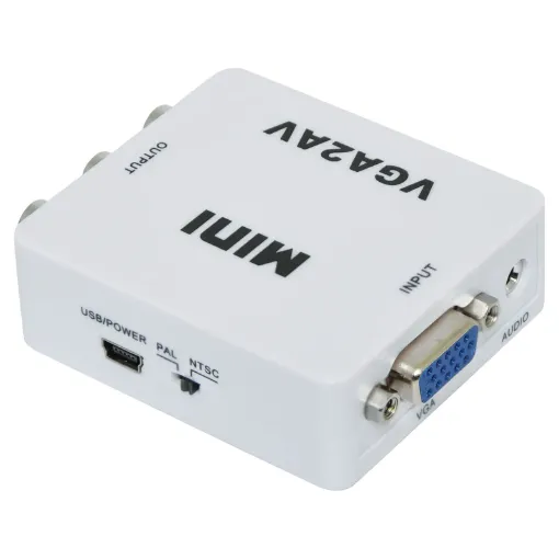 Downscales a VGA signal to a composite video signal for connecting the VGA output of a DVR to a standard monitor input.  Supports resolutions up to 1920 x 1024 @ 60Hz.  No software required. NTSC or PAL switchable.  USB powered.