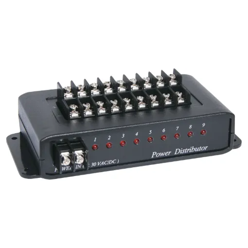 Distributes a single power input to nine outputs. With in-built PTC fuses on each output for short circuit protection.