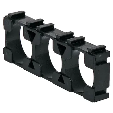 Triple 18650 lithium battery holder in a rectangular configuration. Ideal for installation in high power, portable devices. Interlocking design allows for 9 way, 15 way and even larger packs to be configured. 1 piece required for each end of battery pack.