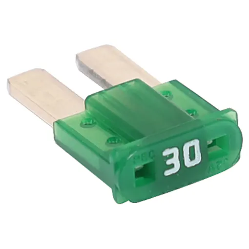 Green 30A standard automotive micro2 blade fuse.
