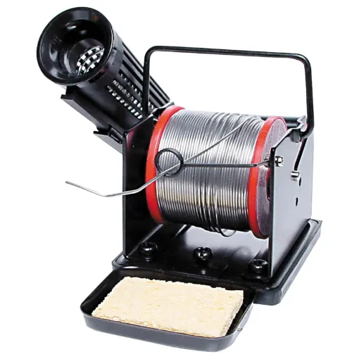 This combination solder roll holder and soldering iron stand will keep your soldering iron off your working surface & your solder within easy reach.