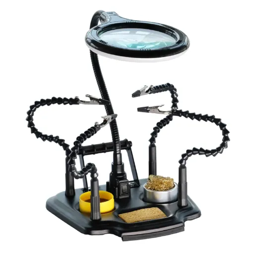 This handy bench top helper features an LED magnifying lamp, plus 4 flexible arms for keeping items in position when working on them, making it ideal for soldering cables, PCBs and a range of hobbyist uses.