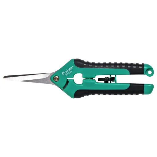 Proskit SR-330 snips are super sharp stainless steel scissors suitable for cutting cloth, carpet, linoleum, leather, cardboard, tin plate, foam rubber, ribbon cable etc. 

Includes safety latch. Length 160mm.