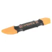 This device opening/prying tool is made of flexible high-end stainless steel blade and has an anti-skid rubber handle.