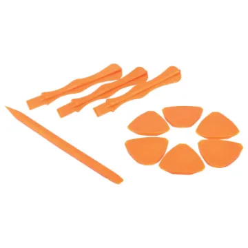 Anti-static fibre plastic prying tools set for servicing and repair of modern high tech devices. Includes double edged stick, 6 “pick” style openers and 3 stick spudgers for prying open tight fit screens and cases.