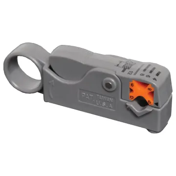Tough injection moulded thermoplastic. Features a built-in tension spring, centre conductor cutter, and a slide adjustment to change from RG-58, RG-59, or RG-6.