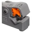 Tough injection moulded thermoplastic. Features a built-in tension spring, centre conductor cutter, and a slide adjustment to change from RG-58, RG-59, or RG-6.