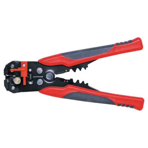 Combines a spring loaded ratchet wire stripper, cutting blade and kwik-connect crimper in a single tool. Saves space in the toolbox! Suits 10-24 AWG cable. Crimps red, blue and yellow kwik connectors.