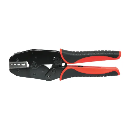 This heavy duty ratchet crimping tool suits Anderson DC connectors up to SB50 size and heavy duty uninsulated battery lugs. Ideal for making custom DC power cables.  Features cushioned plastic grips and ratchet release lever.