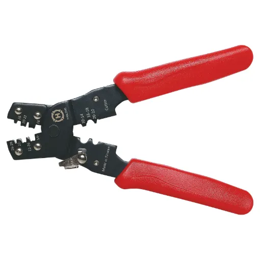 Crimps header pins, telephone terminals and small non-insulated quick connectors. Also incorporates wire cutters and spring loaded handles.
