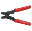 Crimps header pins, telephone terminals and small non-insulated quick connectors. Also incorporates wire cutters and spring loaded handles.