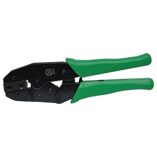 A specialised ratchet action crimper to suit insulated red & blue 90° spade flag terminals. AWG16-14, 22-18. All metal design with comfortable grip.