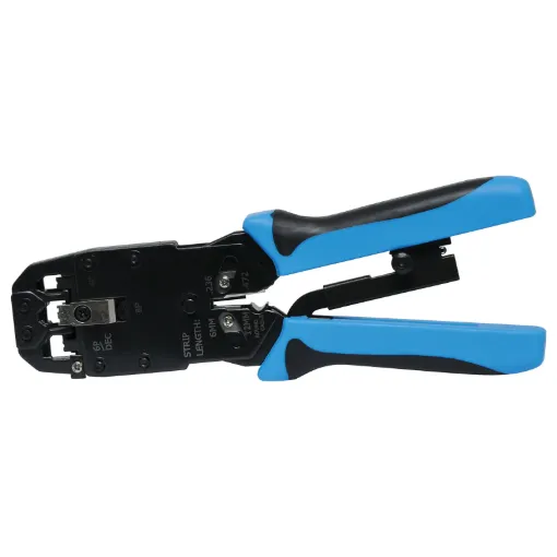 This heavy duty ratchet all metal deluxe tool will crimp all size modular plugs from 4 to 8 way. Also has inbuilt cutters and wire stripper with stops for correct stripping length.