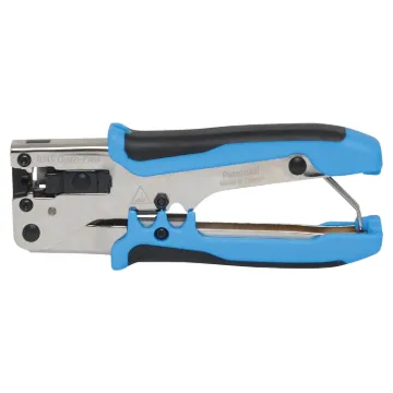 Compact pocket size design suitable for use with solid core “through wire” or open-pass modular crimp plugs. Crimps and trims ends in one motion. All steel design with comfortable rubberised grips.