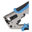 Compact pocket size design suitable for use with solid core “through wire” or open-pass modular crimp plugs. Crimps and trims ends in one motion. All steel design with comfortable rubberised grips.