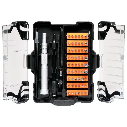 A handy kit containing a huge variety of driver bits, double ended opening tools, spudger, curved tip tweezers and flexible drive extension.